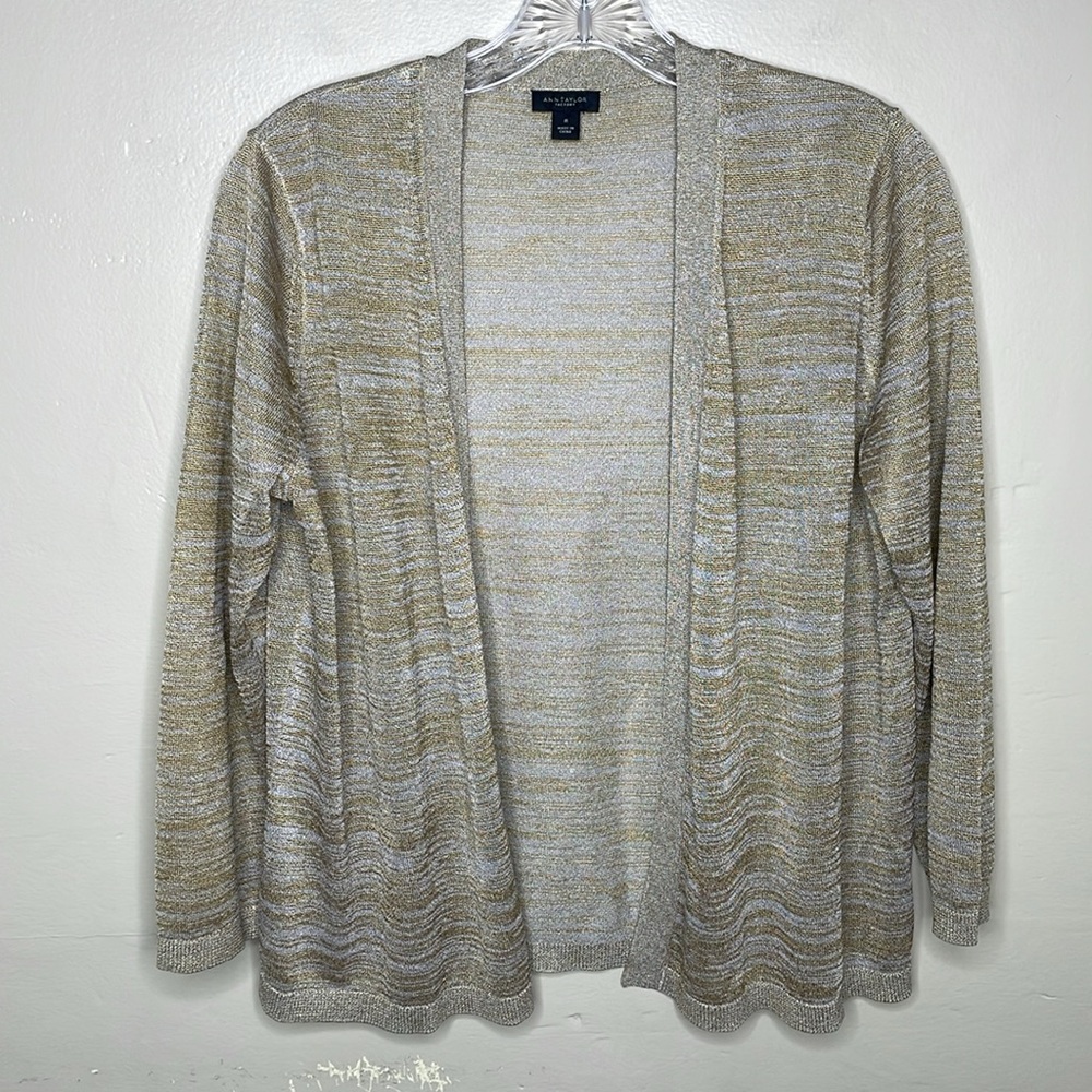 ANN TAYLOR Factory Cardigan Sweater Tan & Gold Open Front Three Quarter Medium